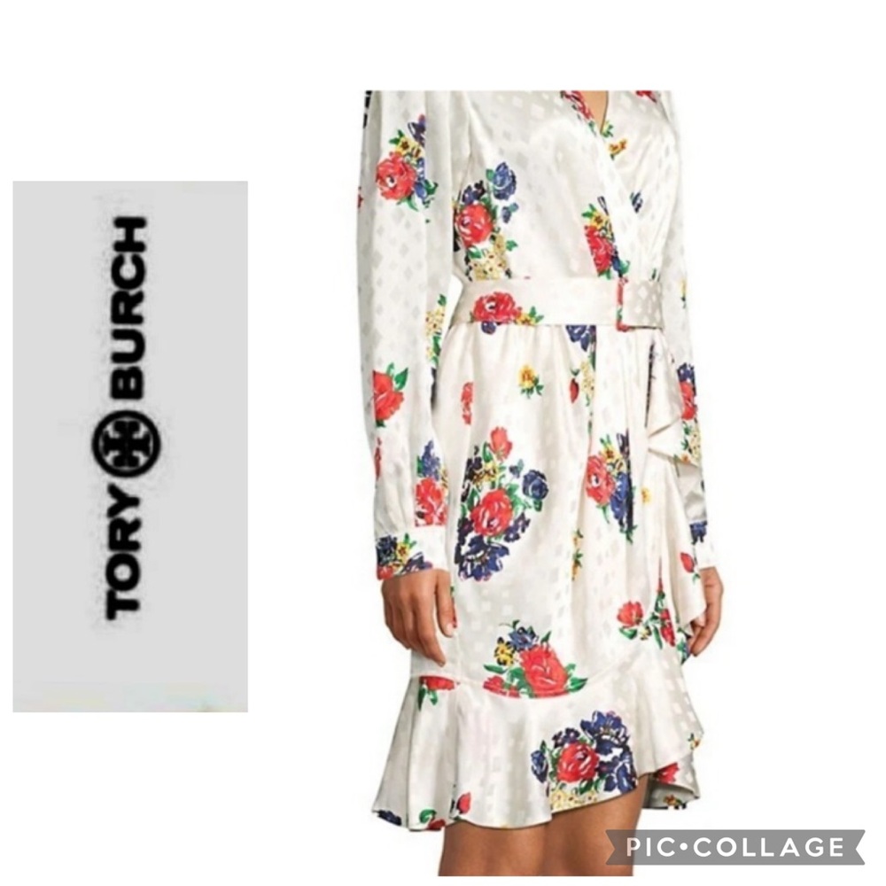 Tory Burch Silk Long Sleeve Dress in Ivory Tea Rose Floral Print Size 14